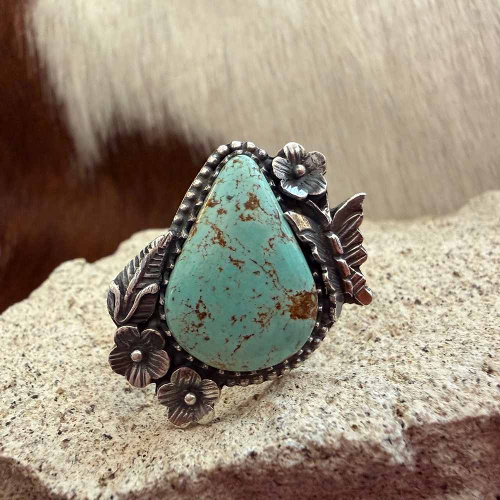 ❤️ Kingman Turquoise Statement Decorative Butterfly Floral Sterling Sz 8.75 Ring